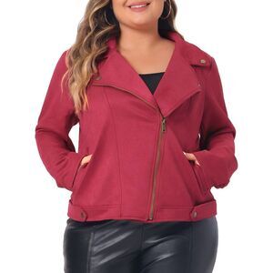 Plus Size Women Faux Suede Jacket Zipper Crop Coat Jacket Burgundy